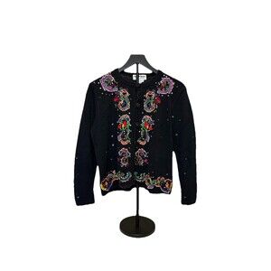 Jack B Quick Black Sweater Sequin & Beaded Holiday Cardigan Women’s Medium